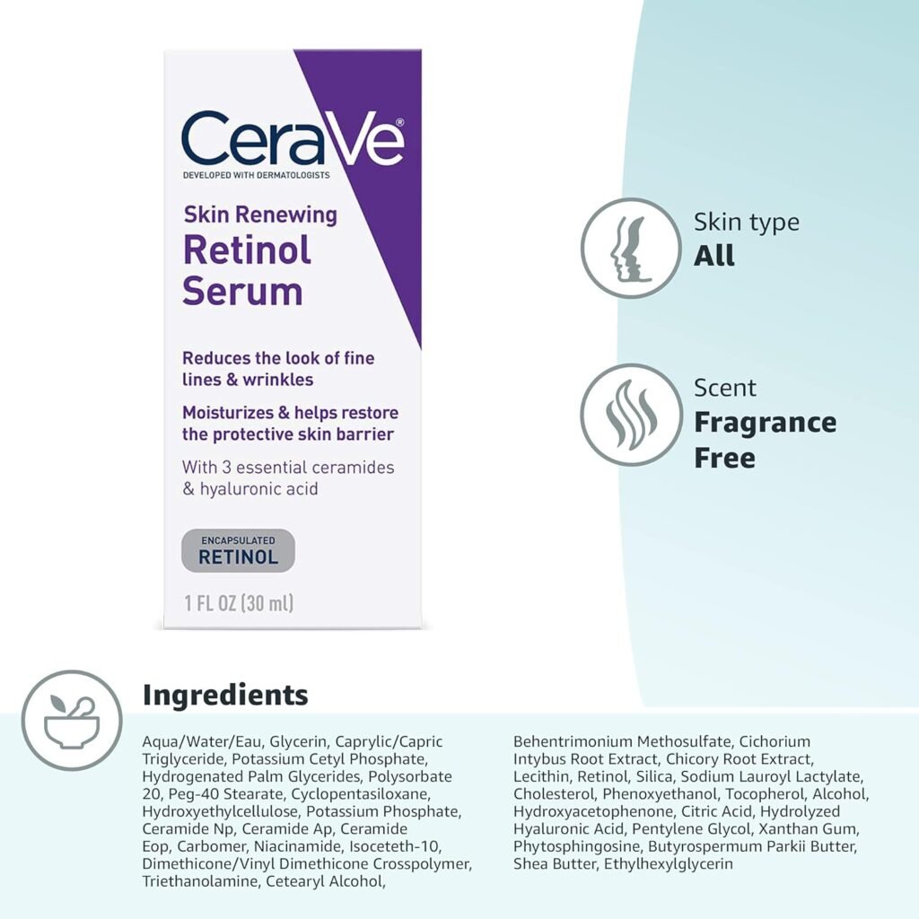 CeraVe Skin Renewing Retinol Serum | Anti-Aging Cream Serum for Smoothing | 1 Ounce