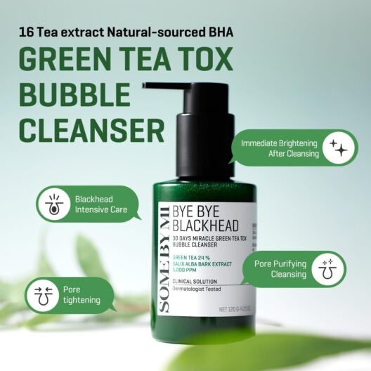 SOME BY MI Bye Bye Blackhead 30 Days Miracle Green Tea Tox Bubble Cleanser – 4.23 Oz, 120g – Made from Green Tea Extract – Mild Daily Face Wash for Removing Sebum and Blackheads – Korean Skin Care for UK