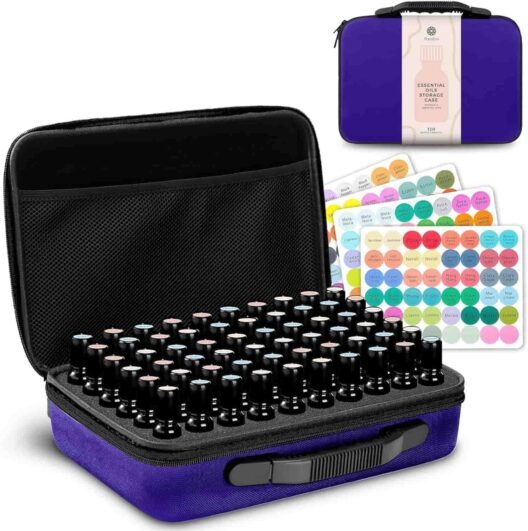 HanaEmi Essential Oils Storage Case - XL Capacity for 60 Bottles, Premium Quality Essential Oil Holder, Includes 192 Sticker Labels